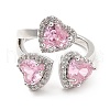 Pink Cubic Zirconia Triple Heart Open Cuff Ring RJEW-E064-06P-01-2