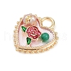 Brass Enamel & Natural Pearl Heart with Rose Flower Pendants KK-K351-49G-01-2