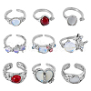 FIBLOOM 9Pcs 9 Style Cat Eye & Cubic Zirconia Open Cuff Rings Set RJEW-FI0001-12-1