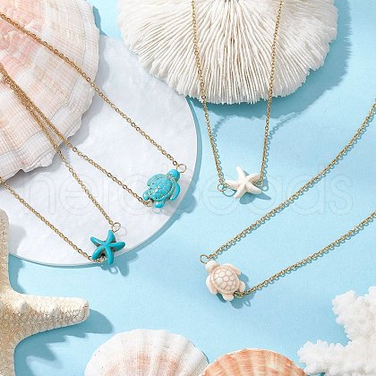 4Pcs 4 Styles Beach Dyed Synthetic Turquoise Starfish Turtle Pendant 304 Stainless Steel Chain Necklaces NJEW-JN05249-1