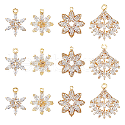 SUPERFINDINGS 12Pcs 4 Styles Brass Micro Pave Cubic Zirconia Pendants KK-FH0007-51-1