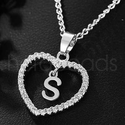 Brass Micro Pave Clear Cubic Zirconia Hollow Heart with Initial Pendant Necklaces WG4069A-24-1