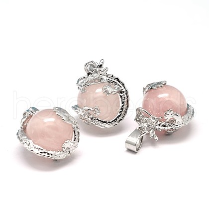 Dragon Platinum Plated Brass Natural Rose Quartz Pendants G-F228-04C-RS-1