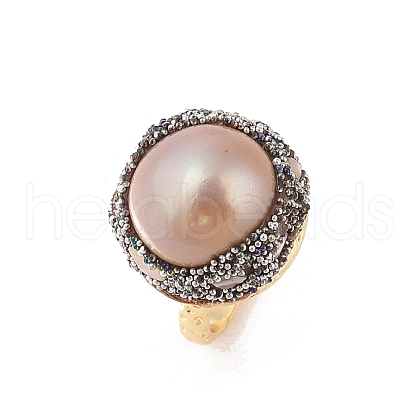 Mother's Day Jewellery Round Natural Abalone Shell & Freshwater Pearls Finger Ring RJEW-C090-03G-1