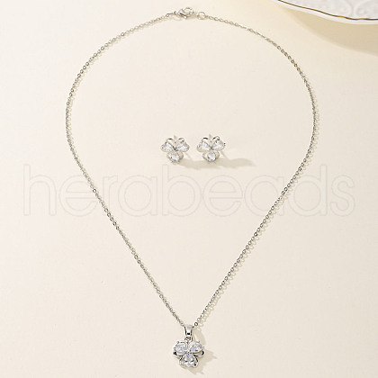 Vintage Brass Cubic Zirconia Clover Stud Earrings & Necklaces Set for Women UB5162-1