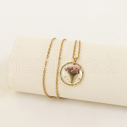 Alloy & Plastic Inner Flower Flat Round Pendant Necklaces FS-WG8915D-16-1