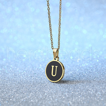 Alloy Black Enamel Disc with Initial Pendant Necklaces for Women WGEDF6F-21-1