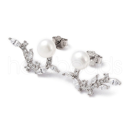 Anti-Tarnish Cubic Zirconia Leafy Branch with Natural Pearl Dangle Stud Earrings EJEW-F318-17P-1