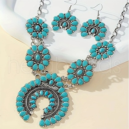 Bohemia Western Squash Blossom Synthetic Turquoise Statement Necklace & Dangle Earrings Sets FS-WGF8C18-03-1