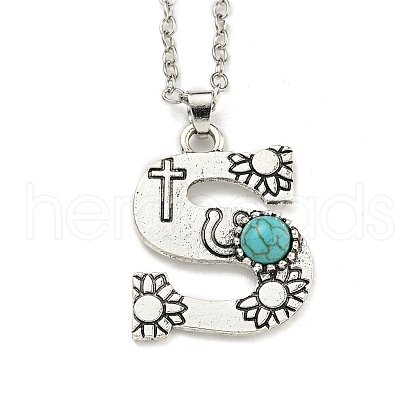 Letter A~Z Antique Silver Plated Alloy with Synthetic Turquoise Pendant Necklaces NJEW-G080-01S-1