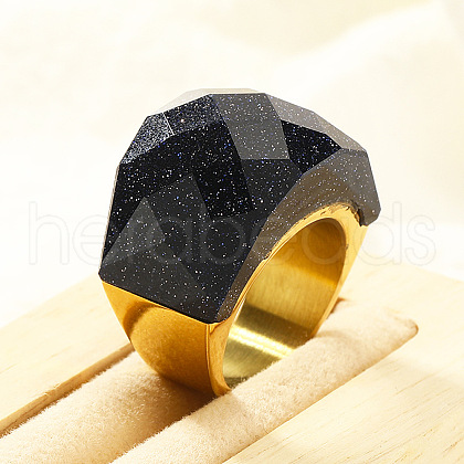 Fashionable 304 Stainless Steel & Synthetic Blue Goldstone Finger Rings FS-WG90577-32-1