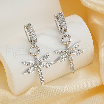Elegant Brass Clear Cubic Zirconia Dragonfly Hoop Earrings FN5869-2-1