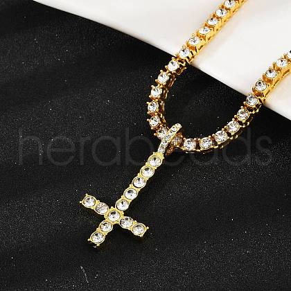 Alloy Full Crystal Rhinestone Inverted Cross Pendant Necklaces NJEW-P333-01G-1