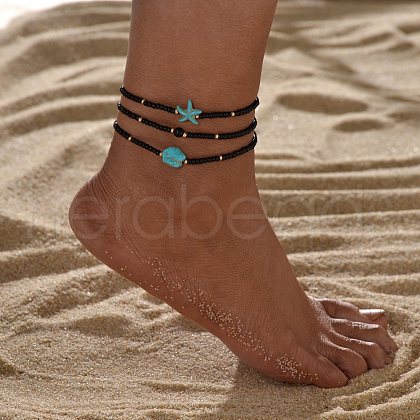 3Pcs Glass Seed Beaded & Starfish Synthetic Turquoise Stretch Anklets for Beach WGF8999-01-1