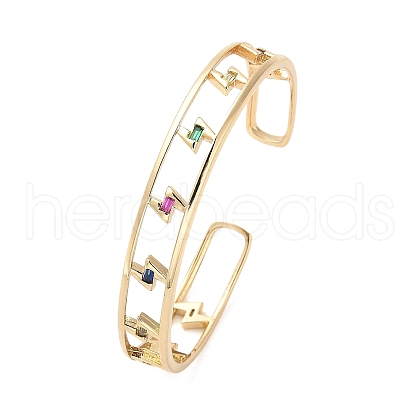 Brass Hollow Lightning Bolt Open Cuff Bangles with Colorful Glass for Women BJEW-M312-10G-1