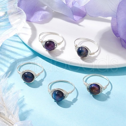 Round Natural Rainbow Tiger Eye Finger Rings RJEW-JR00859-02-1