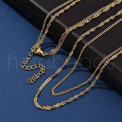 304 Stainless Steel Singapore Chain Double Layered Necklaces for Women NJEW-U050-02B-G-1