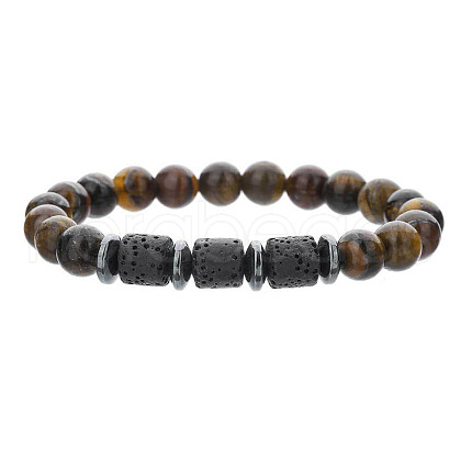 Round Natural Tiger Eye & Colunm Lava Rock & Synthetic Non-magnetic Hematite Stretch Beaded Bracelet for Women Men OR8380-1-1
