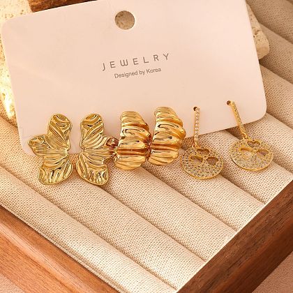 3 Pairs Flower Clover 304 Stainless Steel Pave Clear Cubic Zirconia Earrings Sets FS-WGF1EAA-05-1