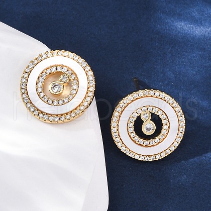 Flat Round Brass Micro Pave Cubic Zirconia Stud Earrings KK-D363-15G-1