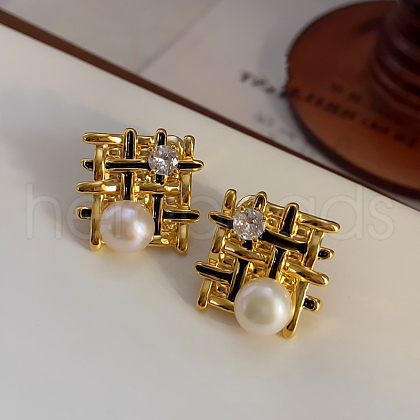 Woven Rhombus Brass Micro Pave Clear Cubic Zirconia Stud Earrings EJEW-Z104-02G-1