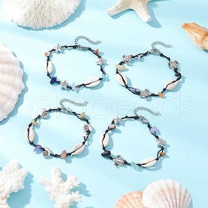 4Pcs Natural & Synthetic Gemstone Chip Beads & Cowrie Shell Beads Braided Bead Bracelets BJEW-JB11834-1