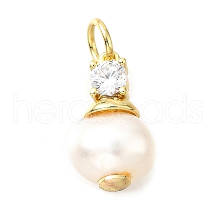 Brass Micro Pave Clear Cubic Zirconia with Natural Pearl Charms KK-V011-55G-1
