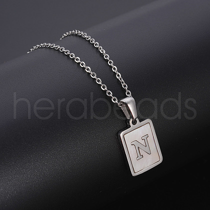Rectangle Stainless Steel Pave Natural White Shell Pendant Necklaces FS-WG3D812-14-1