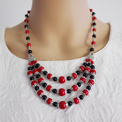 Ethnic Style Alloy & Dyed Synthetic Turquoise Round Beaded 3 Layer Bib Necklaces FS-WGD33AA-04-1