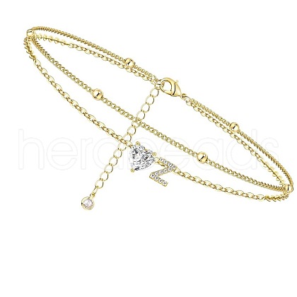 Heart & Letter Brass Crystal Rhinestone Charm Double Layer Anklets FS-WG6749C-26-1