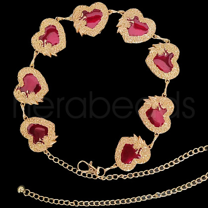 Rose Flower Dark Red Heart Alloy & Epoxy Resin Link Chain Waist Belly Chains for Women FS-WG123DD-02-1