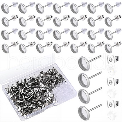 SOFPLATE 100Pcs Flat Round Stainless Steel Stud Earring Settings STAS-SP0001-61B-P-1