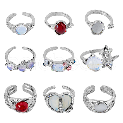 FIBLOOM 9Pcs 9 Style Cat Eye & Cubic Zirconia Open Cuff Rings Set RJEW-FI0001-12-1