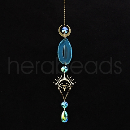 Natural Agate Piece & Metal Evil Eye Moon Hanging Ornaments PW-WG66301-07-1