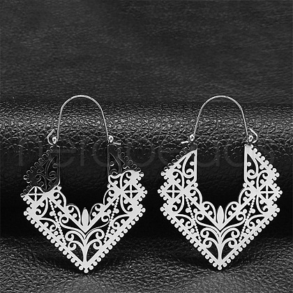 Non-Tarnish 304 Stainless Steel Hollow Rhombus Hoop Earrings EJEW-P248-05P-1