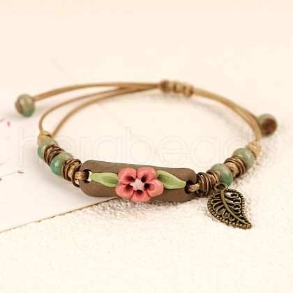 Adjustable Handmade Porcelain Flower Beads Braided Beads Bracelets WGFB2A7-03-1