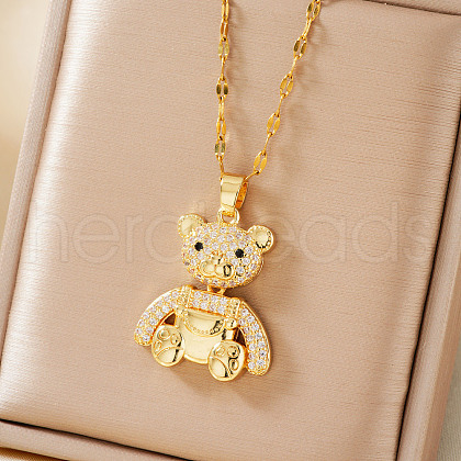 Elegant Brqass Full Clear Cubic Zirconia Mini Bear Pendant Necklaces WF3918-1