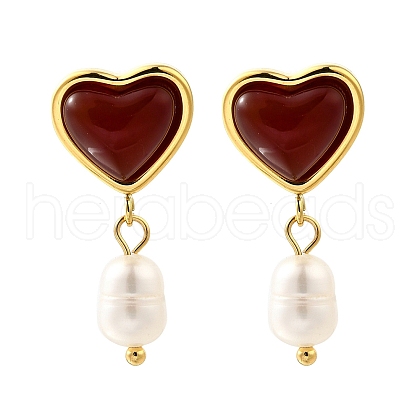 Heart 304 Stainless Steel Red Agate Dangle Stud Earrings EJEW-M065-02G-1
