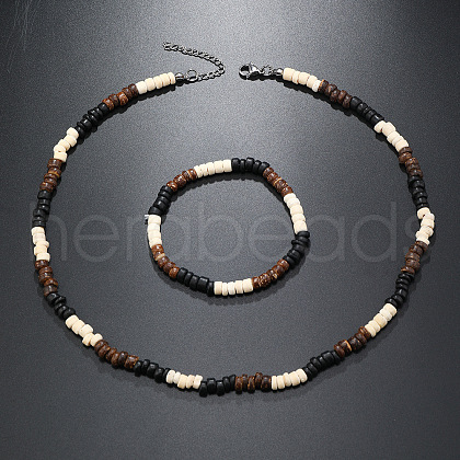 Bohemian Style Coconut Shell with Synthetic Turquoise Rondelle Beaded Necklaces & Bracelets Sets FS-WG8D889-01-1