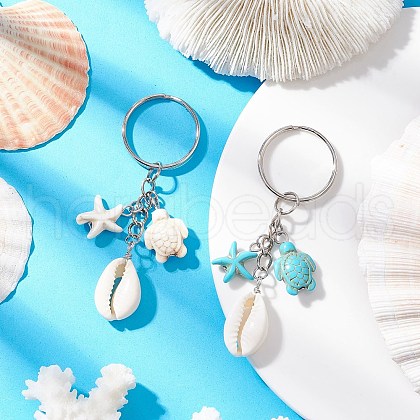 Synthetic Turquoise with Natural Mixed Cowrie Shell Keychain KEYC-JKC01265-1