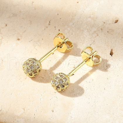 Round Brass Micro Pave Clear Cubic Zirconia Stud Earrings EJEW-D311-107G-1