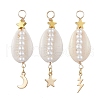 3Pcs 3 Styles Natural Cowrie Shell  Copper Wire Wrapped Glass Pearl Pendants PALLOY-JF03503-1