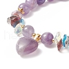 Natural Amethyst Round Beaded Stretch Bracelet with Heart Charms for Women BJEW-TA00245-2