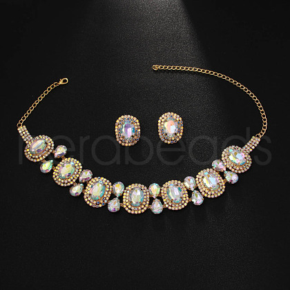 Oval Alloy Glass Pendant Necklaces & Stud Earrings Sets FS-WG19BF3-02-1
