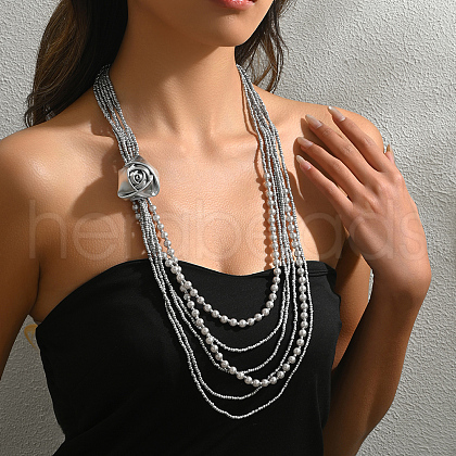 Elegant Fabric Flower Plastic Pearl Beaded Multi-Layered Necklaces for Women's Party NZ8051-1