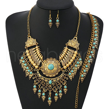 Alloy with Synthetic Turquoise Teardrop Tassel Pendant Necklaces & Dangle Earrings & Charm Bracelets Sets FS-WG69A95-04-1