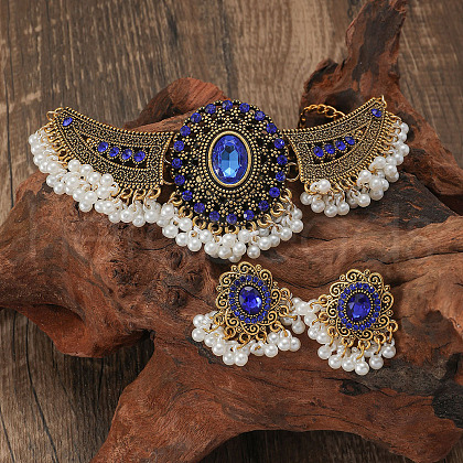 Bohemian Style Zinc Alloy & Rhinestone & Plastic Pearl Tassel Pendant Necklace & Dangle Earring FS-WG87356-04-1