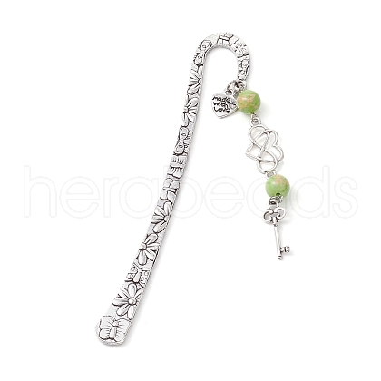 Mother's Day Key & Infinity Love Heart Pendant Bookmark with Natural Mashan Jade AJEW-JK00259-05-1