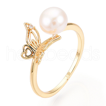 Natural Pearl Open Cuff  Ring Micro Pave Clear Cubic Zirconia PEAR-N022-C06-1