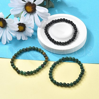 3Pcs 3 Style Natural African Turquoise(Jasper) & Black Agate Round Beaded Stretch Bracelets Set PW23030764297-1